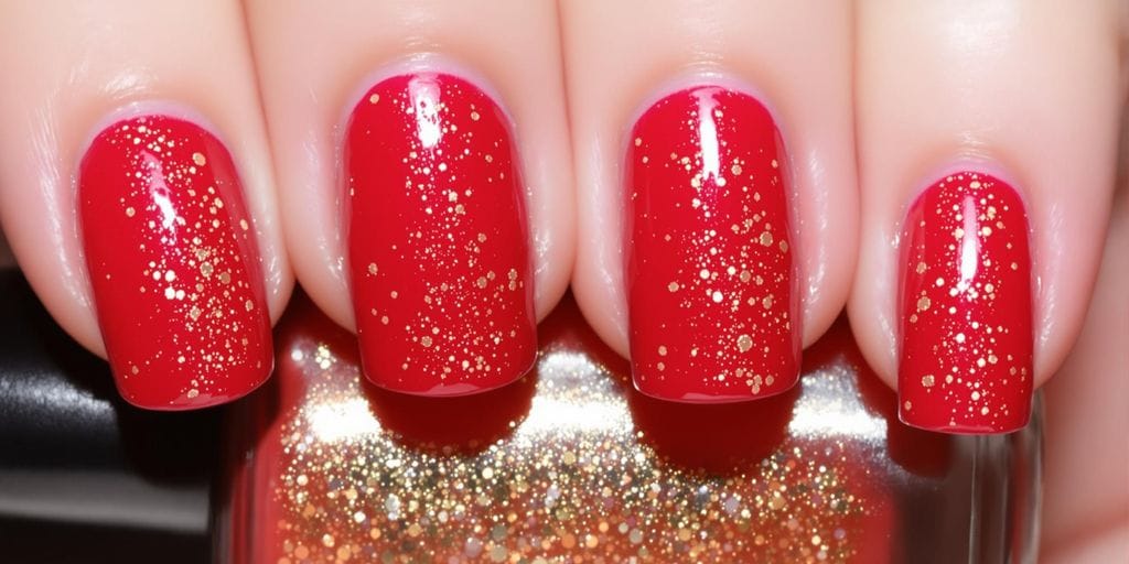 Unha Vermelha com Glitter Dourado