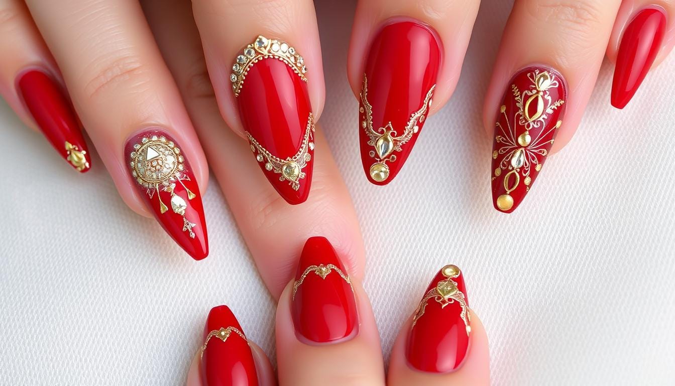 Unhas Decoradas Vermelho com Dourado