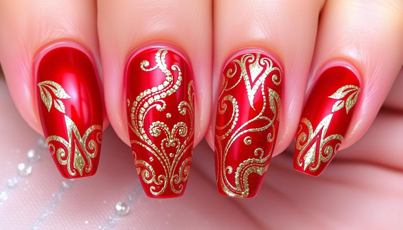 Unhas Vermelhas com Dourado