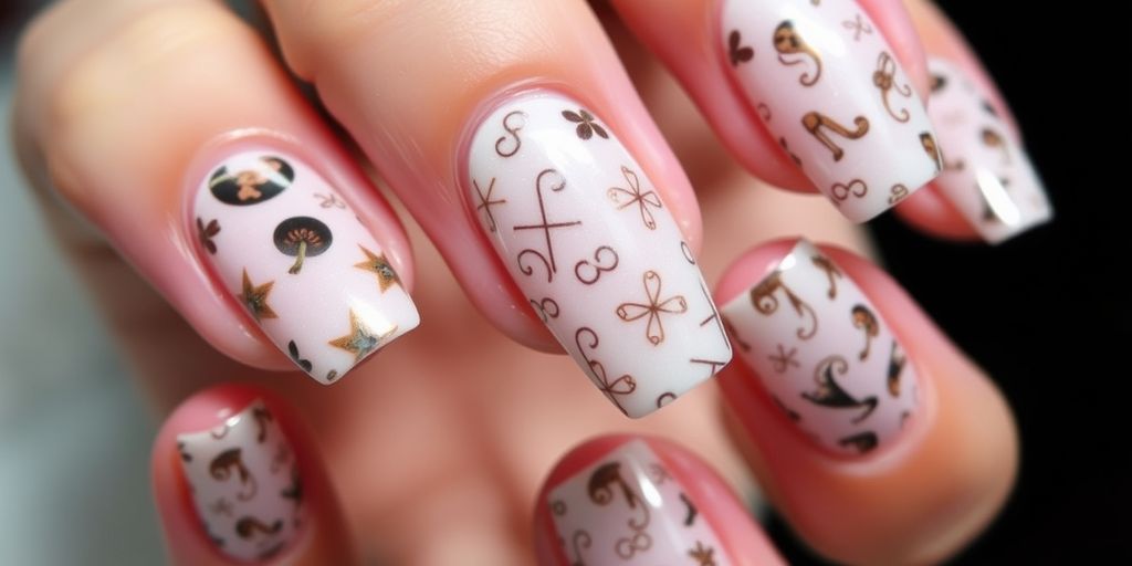 Unhas de gel com adesivo de padrões