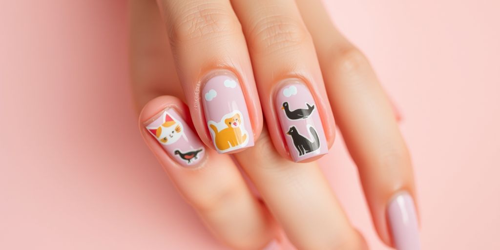 Unhas decoradas com adesivo de animais pequenos