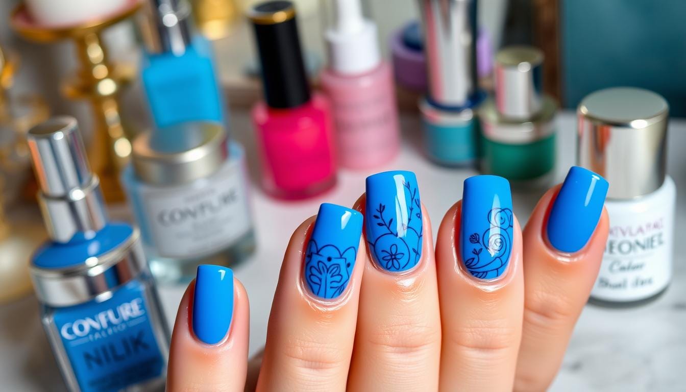 Unhas azuis com brilho