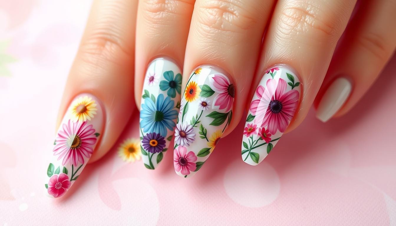 Unhas com adesivos de flor