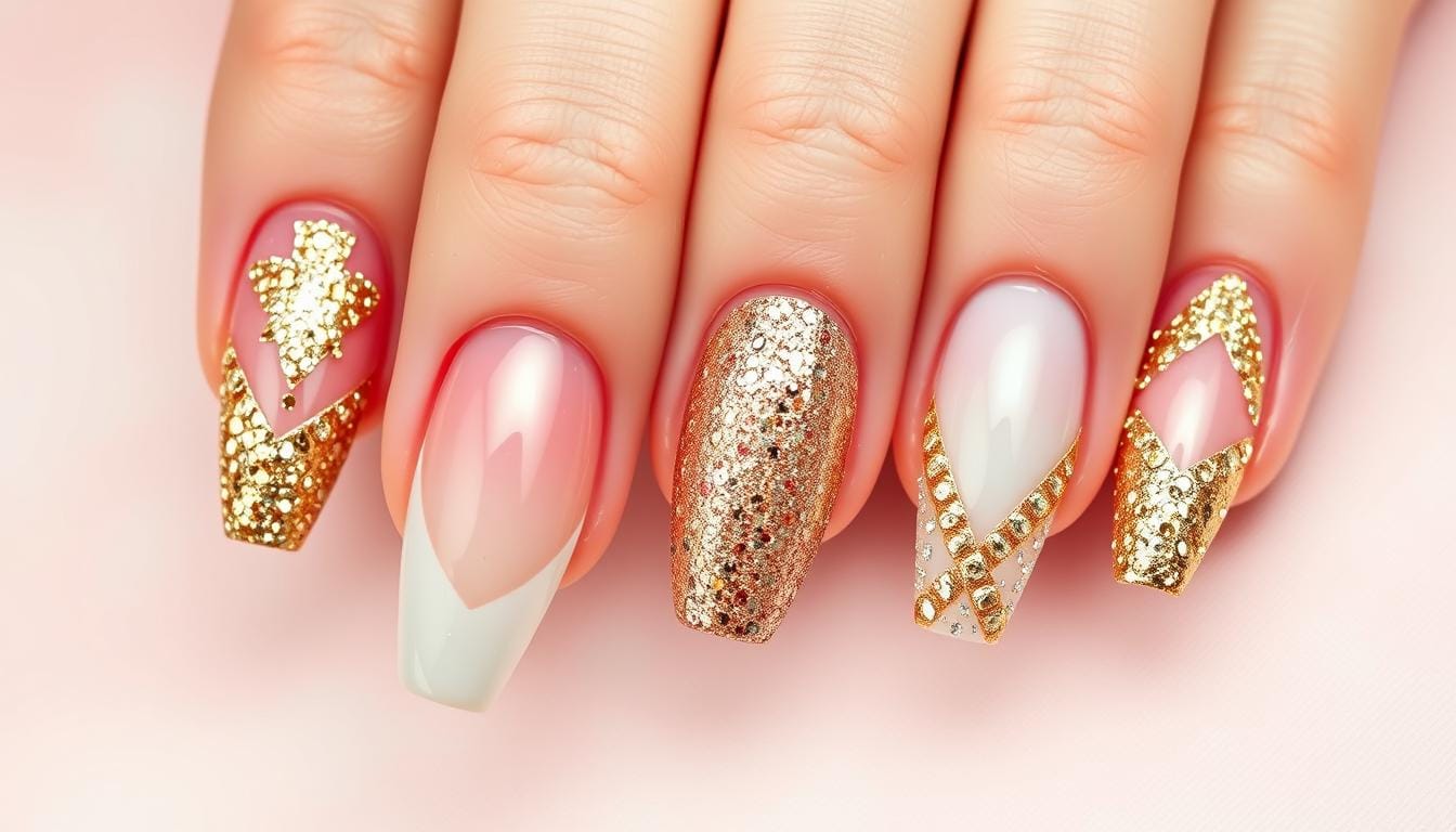 Unhas com glitter dourado