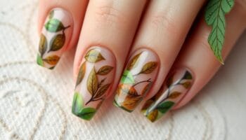 Unhas de gel com estampa de folhas: tendência natural