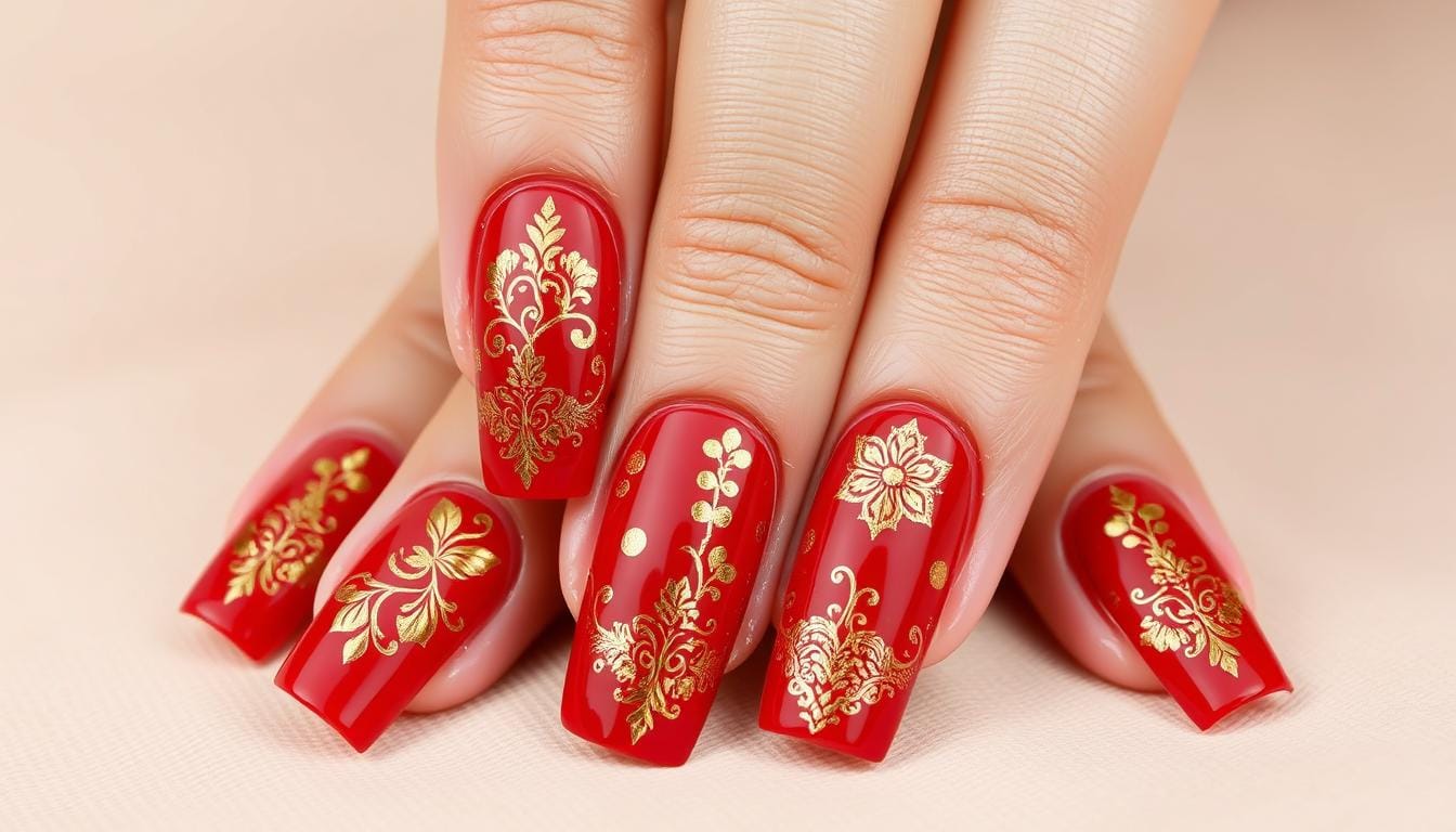 Unhas decoradas com vermelho
