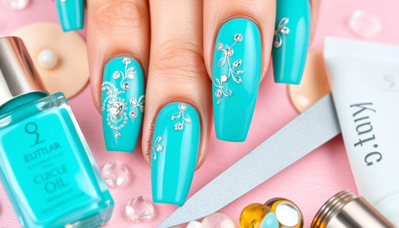 unhas decoradas em azul turquesa