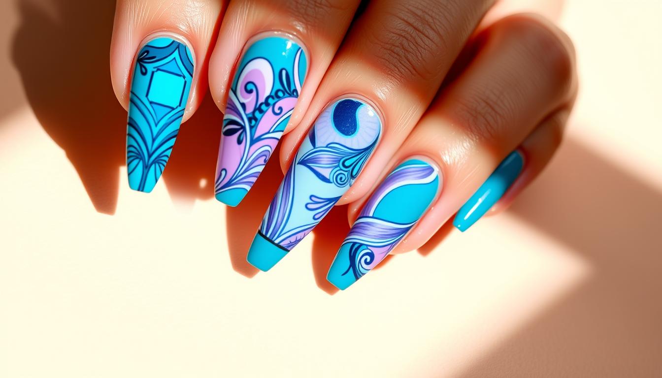 Unhas Decoradas Ciano Vibrante