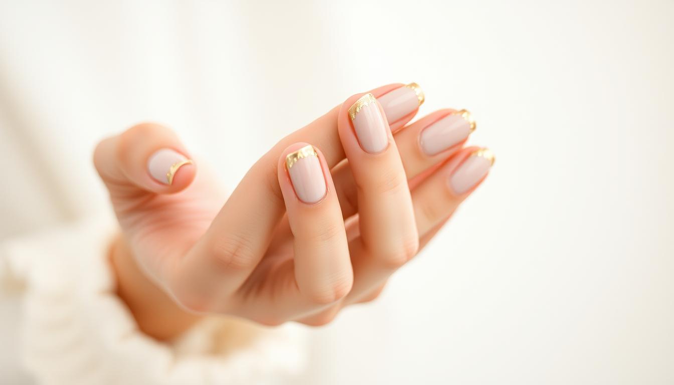 Unhas decoradas nude com dourado