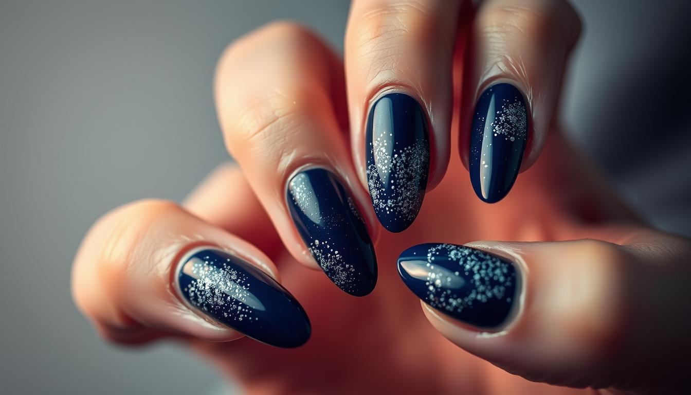 unhas azul escuro com glitter