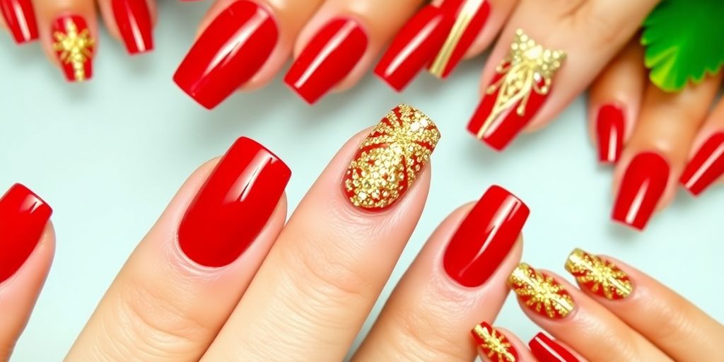 unhas vermelhas com dourado