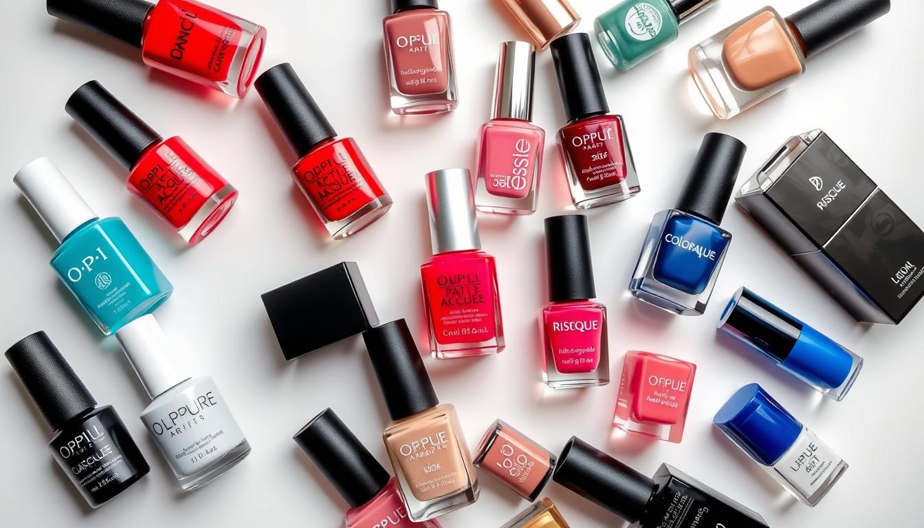 Diversas marcas de esmaltes de unhas em exposição com cores variadas