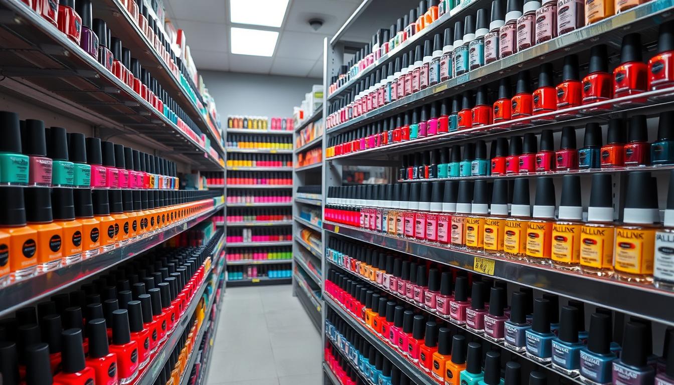 Diversos esmaltes de unhas coloridos organizados em prateleiras de atacado de Esmaltes de Unhas Comprar Atacado